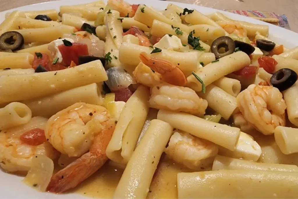 Shrimp pasta with olives, tomatoes, and garlic sauce.